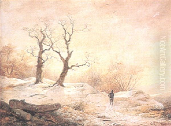 Soligt Vinterlandskap Med Vandringsman Oil Painting by Gustaf Rydberg