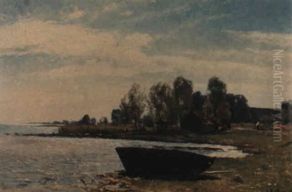 Roddbat Pa Strand, I Bakgrunden Stugor Och Promenerande Figurer Oil Painting by Gustaf Rydberg