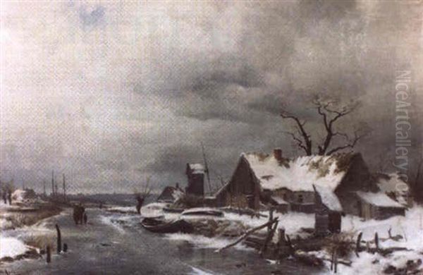 Vinterlandskap Med Hus, Molla Och Promenerande Figurer Pa   Frusen A Oil Painting by Gustaf Rydberg