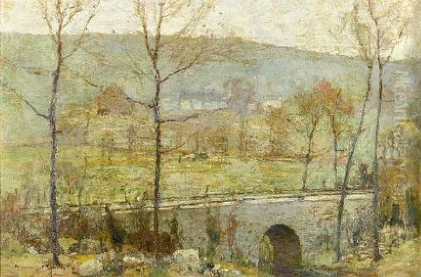 An Autumn Landscape With A Bridge Over A Stream Oil Painting by Chauncey Foster Ryder