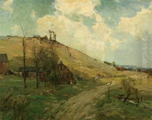 Snug Hill, House And Figures In Foothill Landscape Oil Painting by Chauncey Foster Ryder