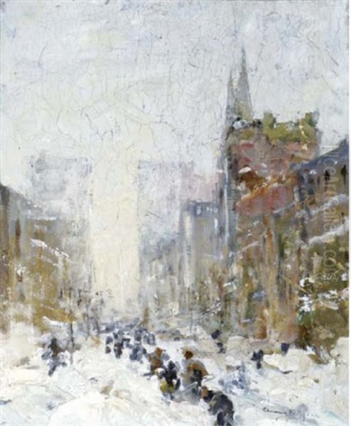 New York Street Under Snowfall Oil Painting by Chauncey Foster Ryder