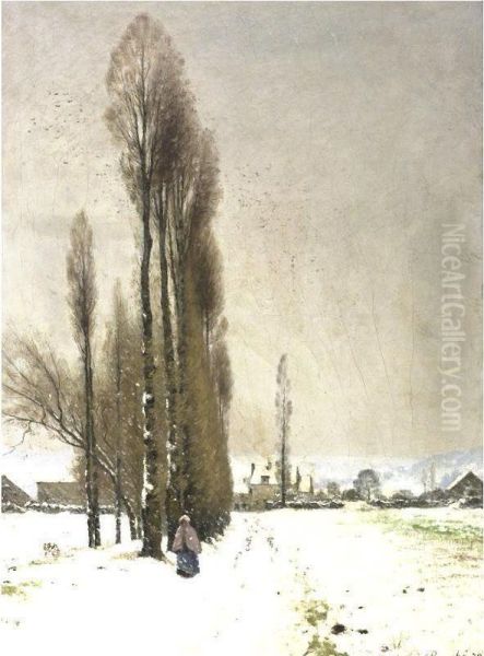 A Village In Winter Oil Painting by Louis Alexandre Bouche