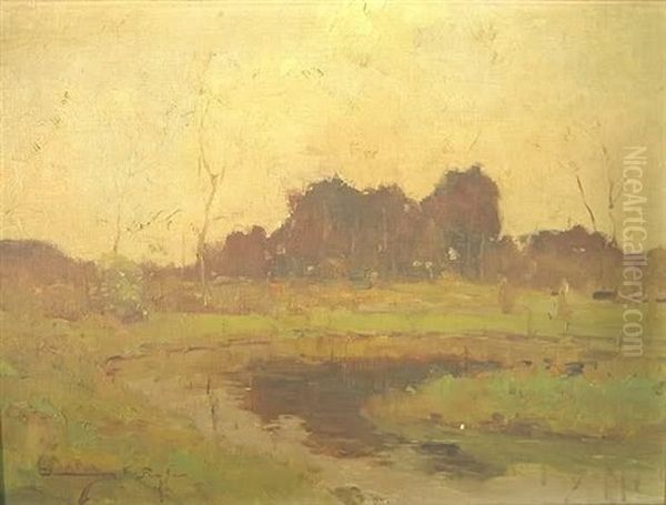 Landscape With Field And Stream In Foreground, Distant Dark Trees Oil Painting by Chauncey Foster Ryder