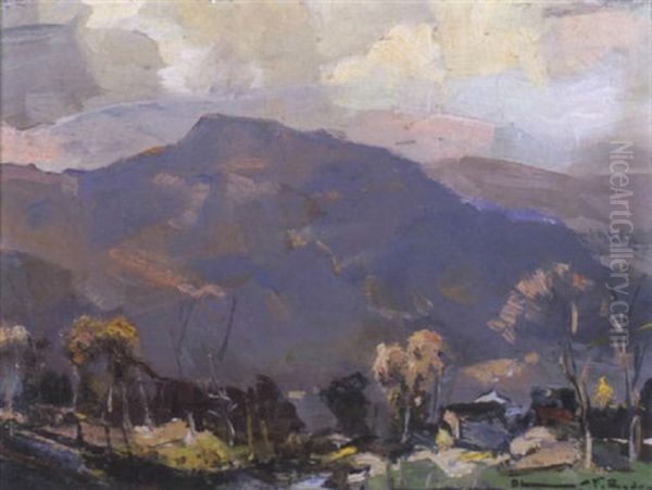 A Mountain Range With Trees In The Foreground Oil Painting by Chauncey Foster Ryder