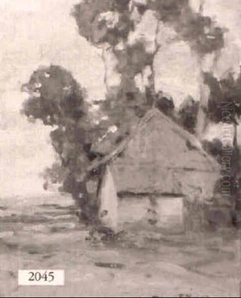 House With Red Roof In Landscape Oil Painting by Chauncey Foster Ryder