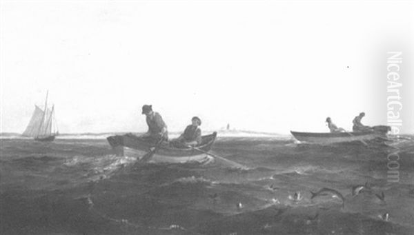 Figures In Two Rowboats Hauling In Nets Oil Painting by J.S. Ryder