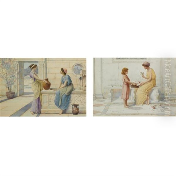 Conversation At The Well (+ A Gift Of Roses; Pair) Oil Painting by Henry Ryland