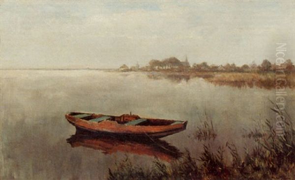 Rowing Boat On A Lake With A Town In The Background Oil Painting by Jan van Rynen