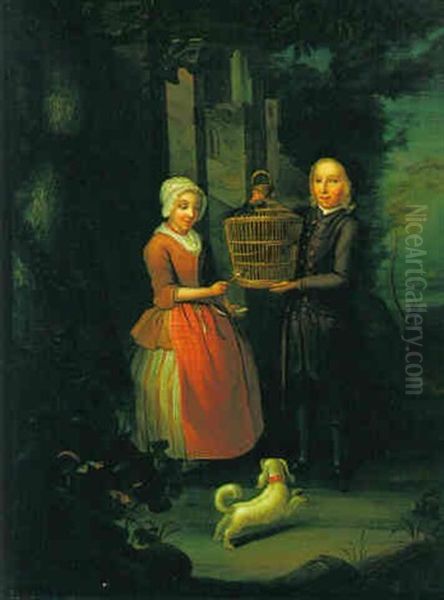 Couple With Bird Cage Oil Painting by Nicolaes Rynenburg