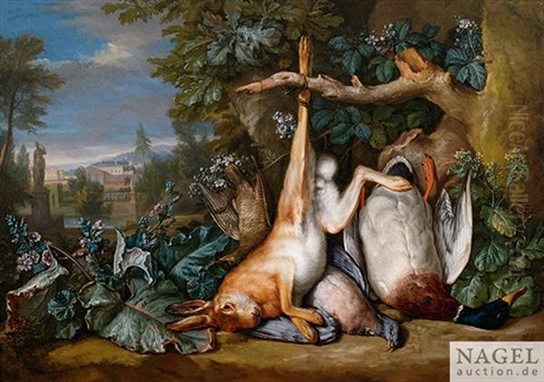 Jagdstilleben Mit Hase, Ente Und Taube Vor Weitem Landschaftshintergrund Oil Painting by Peter (Pieter Andreas) Rysbrack