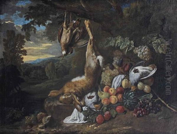 A Forest Floor With A Dead Hare And Partridges Hanging From A Branch Together With A Fruit Still Life, A Mountainous Landscape In The Distance Oil Painting by Peter (Pieter Andreas) Rysbrack