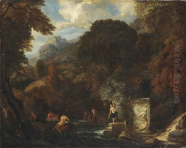 A Idyllic Mountainous Landscape With Figures By A Stream Oil Painting by Peter (Pieter Andreas) Rysbrack