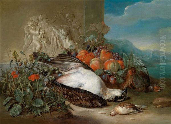 Ein Paar Jagdstillleben Mit Erlegtem Niederwild, Einem Blumenbouquet Und Fruchten In Einer Weiten Landschaft, Eines Vor Einem Steinrelief Mit Spielenden Putten (pair) Oil Painting by Peter (Pieter Andreas) Rysbrack