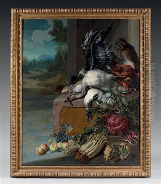 Un Trophee De Chasse Dans Un Paysage De Parc Avec Une Nature Morte De Fruits Oil Painting by Peter (Pieter Andreas) Rysbrack