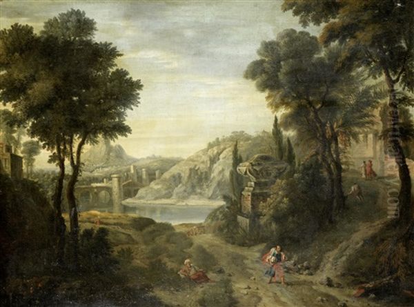 Travellers In A Classical Landscape Oil Painting by Peter (Pieter Andreas) Rysbrack