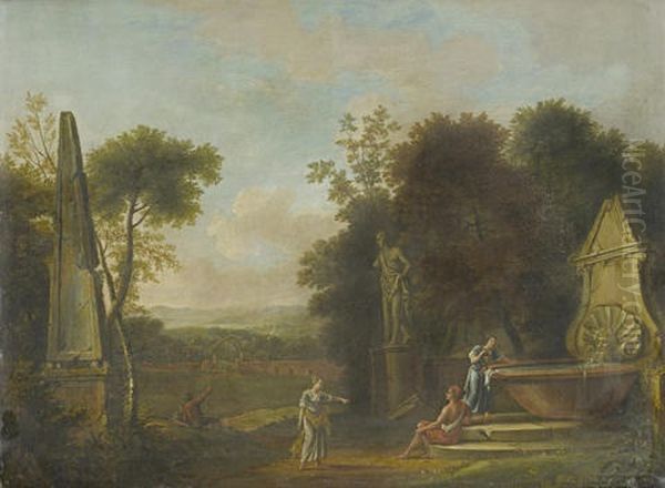 Figures At A Well, Amongst Classical Ruins, In An Italianate Landscape, With A Village In The Distance Oil Painting by Peter (Pieter Andreas) Rysbrack