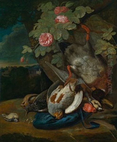 Jagdstillleben Mit Erlegten Rebhuhnern, Einer Ente Und Spatzen Vor Einem Rosenbusch In Weiter Landschaft, Im Hintergrund Eine Schlossanlage Oil Painting by Peter (Pieter Andreas) Rysbrack