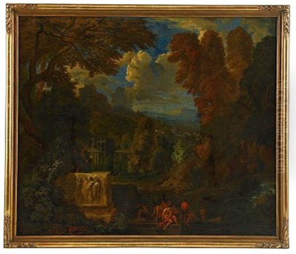 Arkaiskt Landskap Med Badande Oil Painting by Peter (Pieter Andreas) Rysbrack