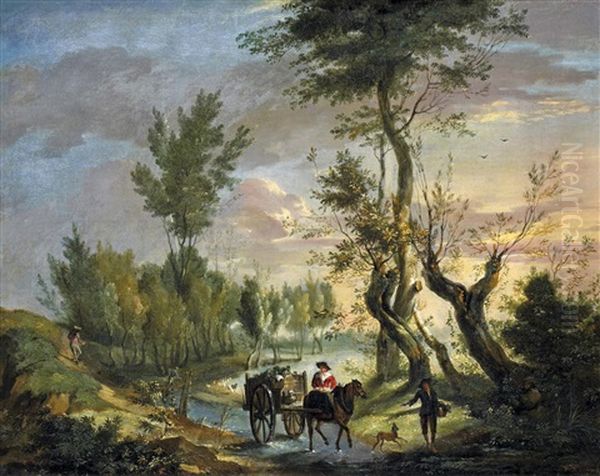 Flamische Landschaft In Der Abendsonne. Vorn An Einer Furt Ziehendes Landvolk Oil Painting by Peter (Pieter Andreas) Rysbrack