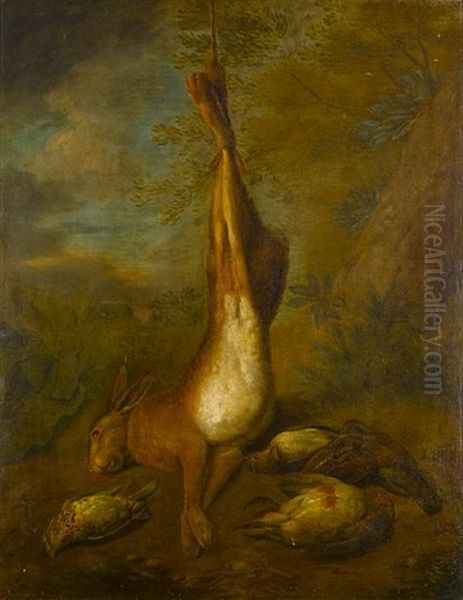 A Dead Hanging Hare With A Dead Grey Partridge, A Woodcock And A Thrush In A Landscape Oil Painting by Peter (Pieter Andreas) Rysbrack