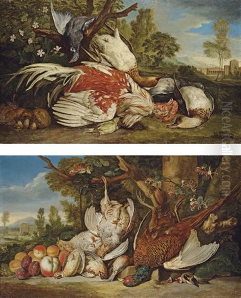 A Dead Cockerel, Ducks, A Pigeon, A Greenfinch And Mushrooms In An Italianate Landscape (+ Another; Pair) by Peter (Pieter Andreas) Rysbrack