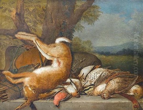 A Dead Hare With A Dead Woodcock, Bullfinch, Great Tit And Other Thrushes And Finches On A Stone Ledge With Hunting Paraphanalia, A Landscape Beyond Oil Painting by Peter (Pieter Andreas) Rysbrack