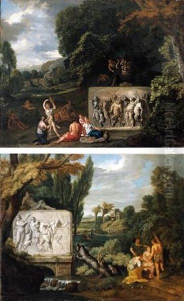 A Classical Scene With A Sarcophagus, Depicting Pan And The Drunken Silenus, On A Small Bridge Over A Stream (+ A Classical Scene With Figures Resting And Maidens Making Music By A Larg Oil Painting by Peter (Pieter Andreas) Rysbrack