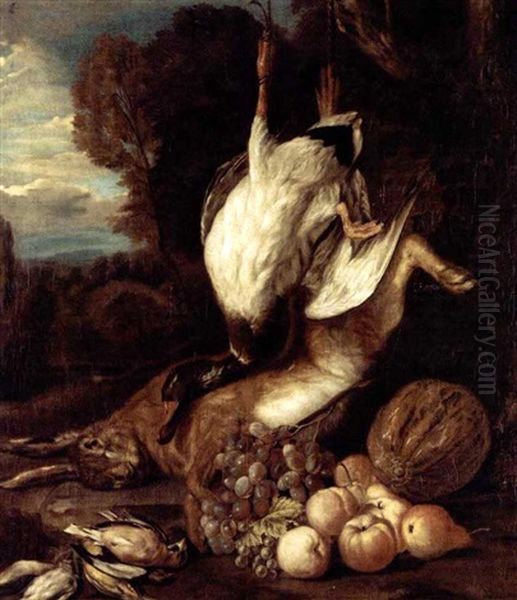 Game Still Life With A Duck, A Hare, Small Birds And Fruits In A Landscape Oil Painting by Peter (Pieter Andreas) Rysbrack