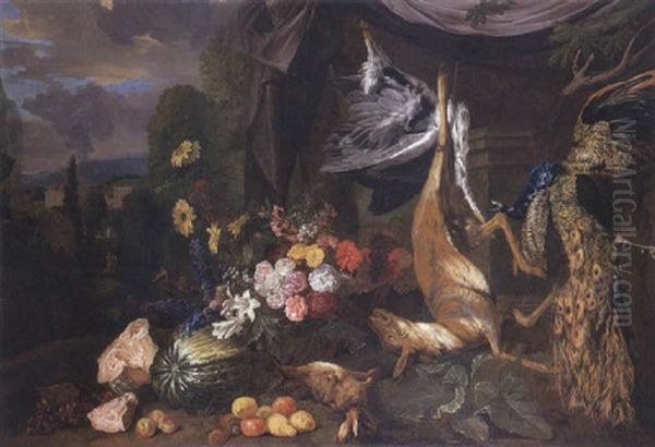 Still Life With Flowers And Fowl Oil Painting by Peter (Pieter Andreas) Rysbrack