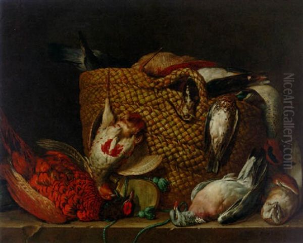 A Pheasant, Pigeon, Owl, And A Basket With A Partridge, Duck, Lapwing And Woodcock On A Ledge Oil Painting by Peter (Pieter Andreas) Rysbrack