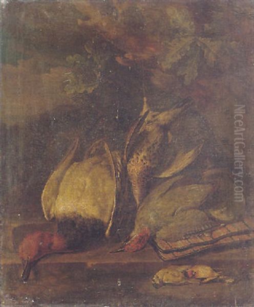 Still Life Of A Widgeon, A Woodpecker, A Partridge And Other Birds Together With A Powder Case, In Wooded Landscape Oil Painting by Peter (Pieter Andreas) Rysbrack