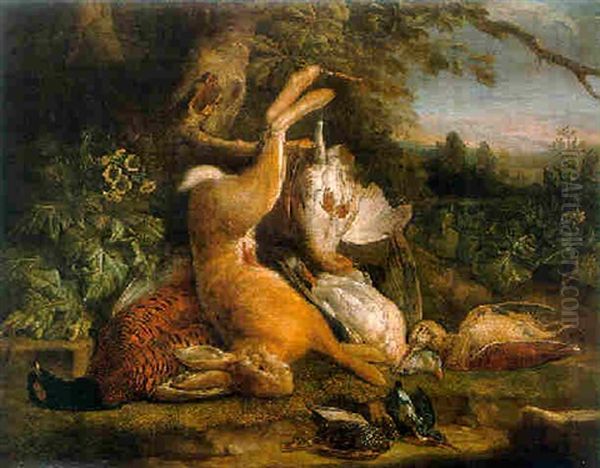 A Dead Hare Handing From A Tree With A Dead Pheasant, A Snipe, And Other Birds On A Mossy Bank Oil Painting by Peter (Pieter Andreas) Rysbrack