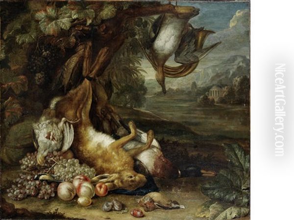 A Dead Hare With Fruit And Dead Birds At The Foot Of A Tree Oil Painting by Gerard Rysbraeck