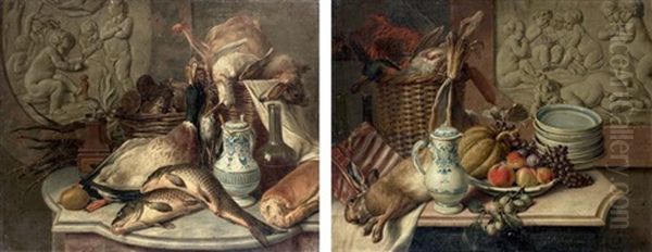 Nature Morte Au Lievre Et Fruits Devant Un Bas-relief Et Nature Morte Au Pichet De Faience (pair) Oil Painting by Gerard Rysbraeck