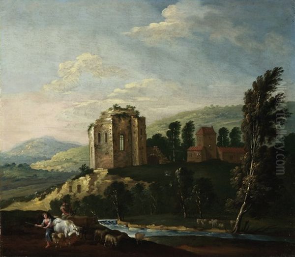 Hirten In Einer Landschaft Mit Einer Ruine Oil Painting by Pieter Rysbraeck