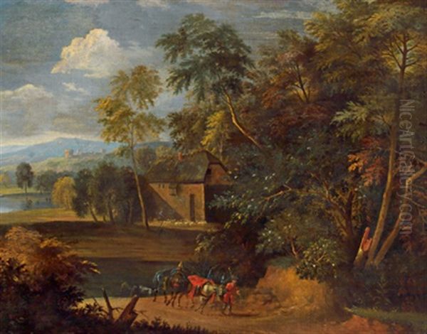 Sudliche Landschaft Mit Figurenstaffage, Im Hintergrund Ausblick Auf Eine Festung Oil Painting by Pieter Rysbraeck