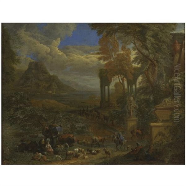 A Southern Landscape With Travellers Resting On A Path With Their Herd And Camels Near Antique Ruins Oil Painting by Pieter Rysbraeck