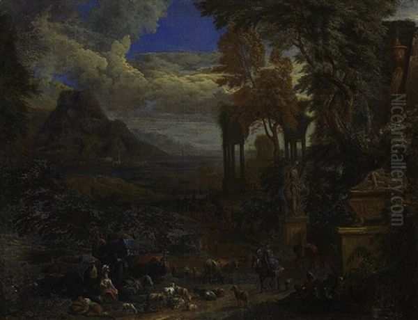 Sudliche Landschaft Mit Architekturen Zwischen Baumen, Im Vordergrund Eine Schafherde Und Rastende Kamele Mit Reisende Oil Painting by Pieter Rysbraeck