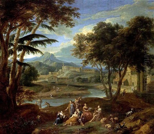 A Classical Landscape With Figures Making Music In The Foreground And Fishermen Near A Stream, A Village In The Background Oil Painting by Pieter Rysbraeck