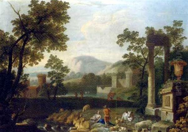 An Italianate Landscape With Shepherds By Classical Ruins Oil Painting by Pieter Rysbraeck