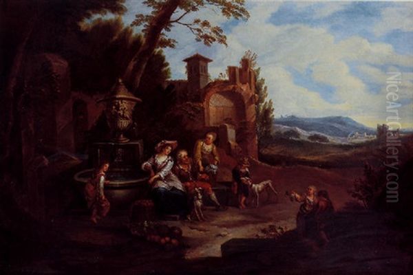 An Italianate Landscape With Fruit Vendors Resting Beside An Ornamental Fountain, Roman Ruins And Mountains Beyond by Pieter Rysbraeck