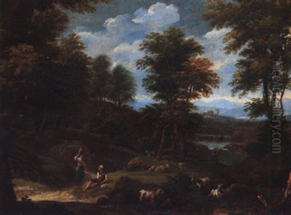 A Pastoral Landscape With A Shepherd Conversing With A Woman Carrying A Water Jar, Sheep And Goats Grazing Oil Painting by Pieter Rysbraeck