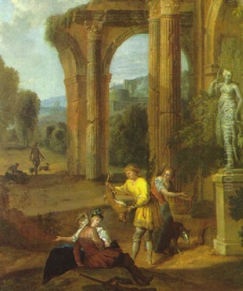 An Elegant Hunting Party Beside The Statue Of The Goddess Diana, Classical Ruins And A Mountainous Landscape Beyond Oil Painting by Pieter Rysbraeck