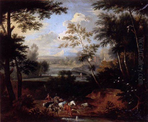 An Italianate Landscape With A Drover And A Cattle At A Stream Oil Painting by Pieter Rysbraeck