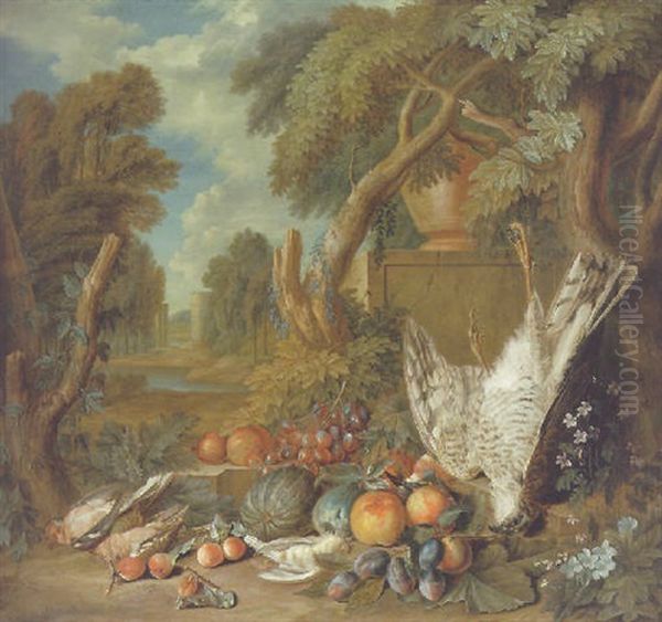 Fruit, Dead Songbirds And A Kestrel On A Forest Floor, A River Landscape With A Castle Beyond Oil Painting by Pieter Rysbraeck