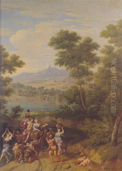 A Classical Italianate Landscape With Triumph Of Bacchus And Ariadne Oil Painting by Pieter Rysbraeck