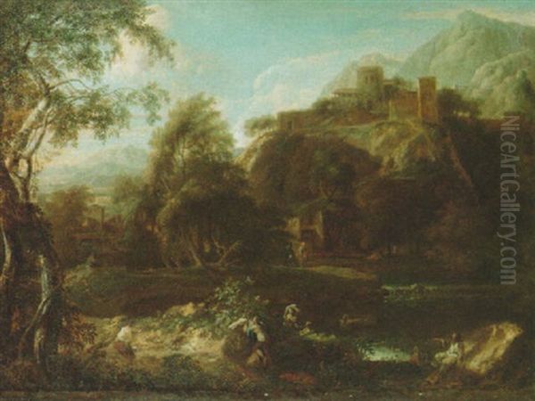 A Mountainous Italianate Landscape With Bathers In The Foreground, A Fortified Town Beyond Oil Painting by Pieter Rysbraeck