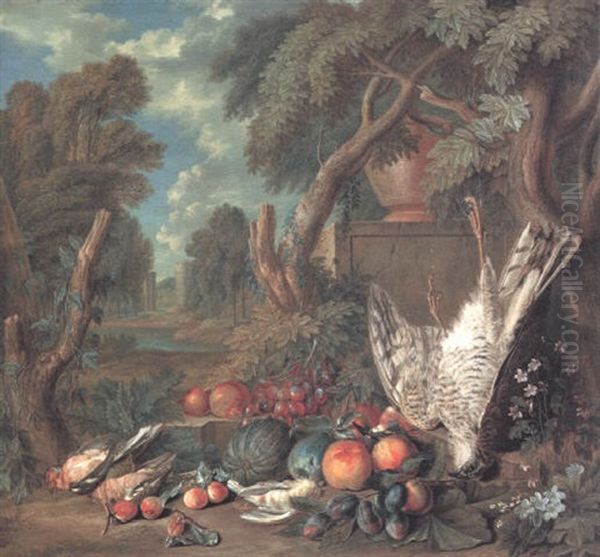 Parkland Landscape With A Falcon Suspended From A Bough Above Fruit Oil Painting by Pieter Rysbraeck