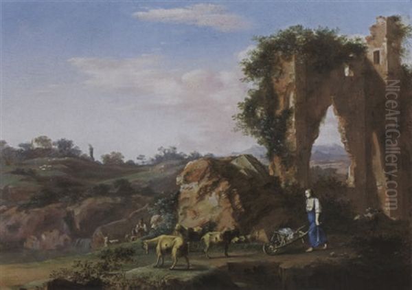 An Italianate Landscape With A Shepherd And His Flock, Together With A Woman Pushing A Wheelbarrow Near Classical Ruins Oil Painting by Warnard van Rysen